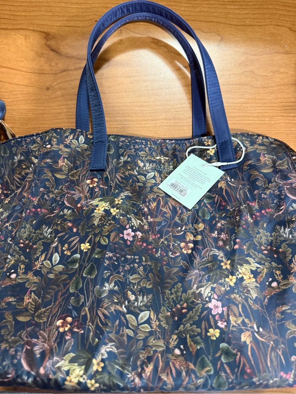 Floral Print Navy Tote Bag with Blue Handles